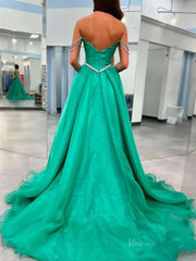 Green Organza Prom Dresses with Slit, Pockets & Basque Waistline - FD5122