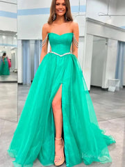 Green Organza Prom Dresses with Slit, Pockets & Basque Waistline - FD5122