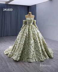 Green Ruffled Off the Shoulder Wedding Dresses Removable Sleeve Quinceanera Dress 241023