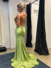 Green Satin Mermaid Prom Dresses with Plunging V-Neck, Spaghetti Strap & Open Back - FD6050