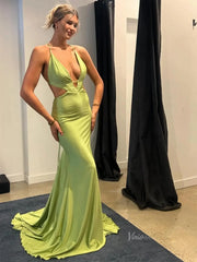 Green Satin Mermaid Prom Dresses with Plunging V-Neck, Spaghetti Strap & Open Back - FD6050