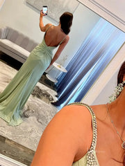 Green Satin Mermaid Prom Dresses with Slit, Bow, Spaghetti Straps & Beaded V-Neck - FD6012
