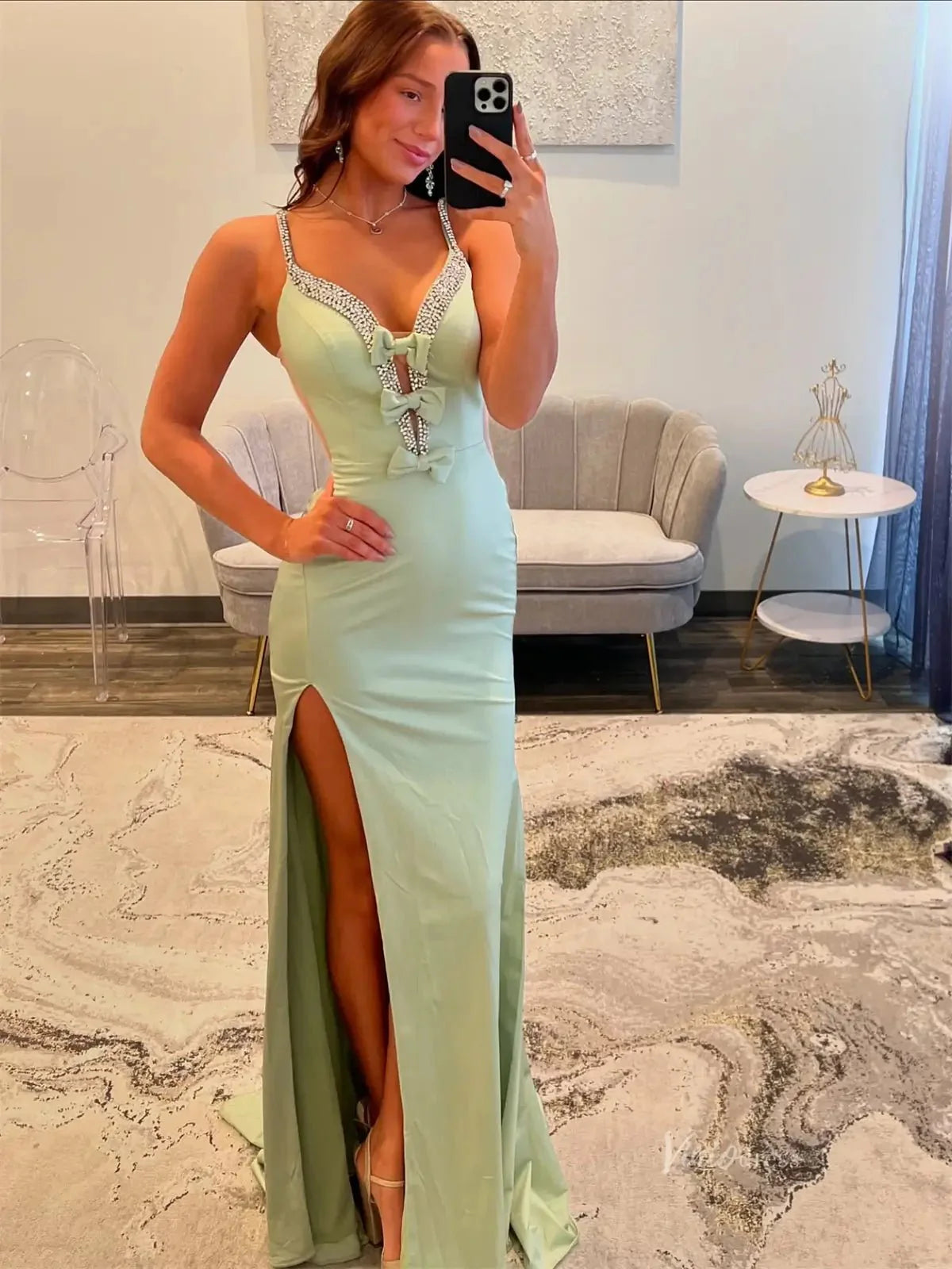 Green Satin Mermaid Prom Dresses with Slit, Bow, Spaghetti Straps & Beaded V-Neck - FD6012