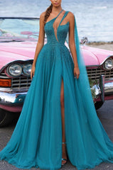 Green Sequin Tulle Prom Dress with High Slit Trail