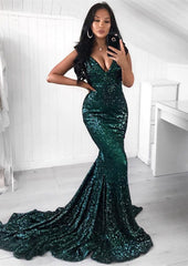 Green Sequins Prom Party Gowns| Mermaid Evening Party Dress