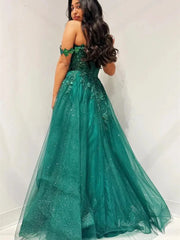Green Sparkly Tulle Prom Dresses with Slit Off the Shoulder Formal Dress - FD5177