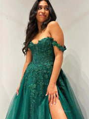 Green Sparkly Tulle Prom Dresses with Slit Off the Shoulder Formal Dress - FD5177