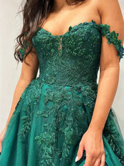 Green Sparkly Tulle Prom Dresses with Slit Off the Shoulder Formal Dress - FD5177