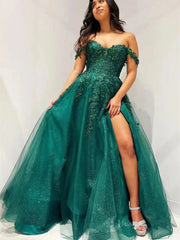 Green Sparkly Tulle Prom Dresses with Slit Off the Shoulder Formal Dress - FD5177
