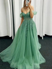 Green Tulle Lace Prom Dresses Off the Shoulder Formal Dress - FD5140
