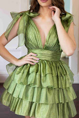 Plunging V-Neck Royal Blue Bow Straps Ruffle Homecoming Dress