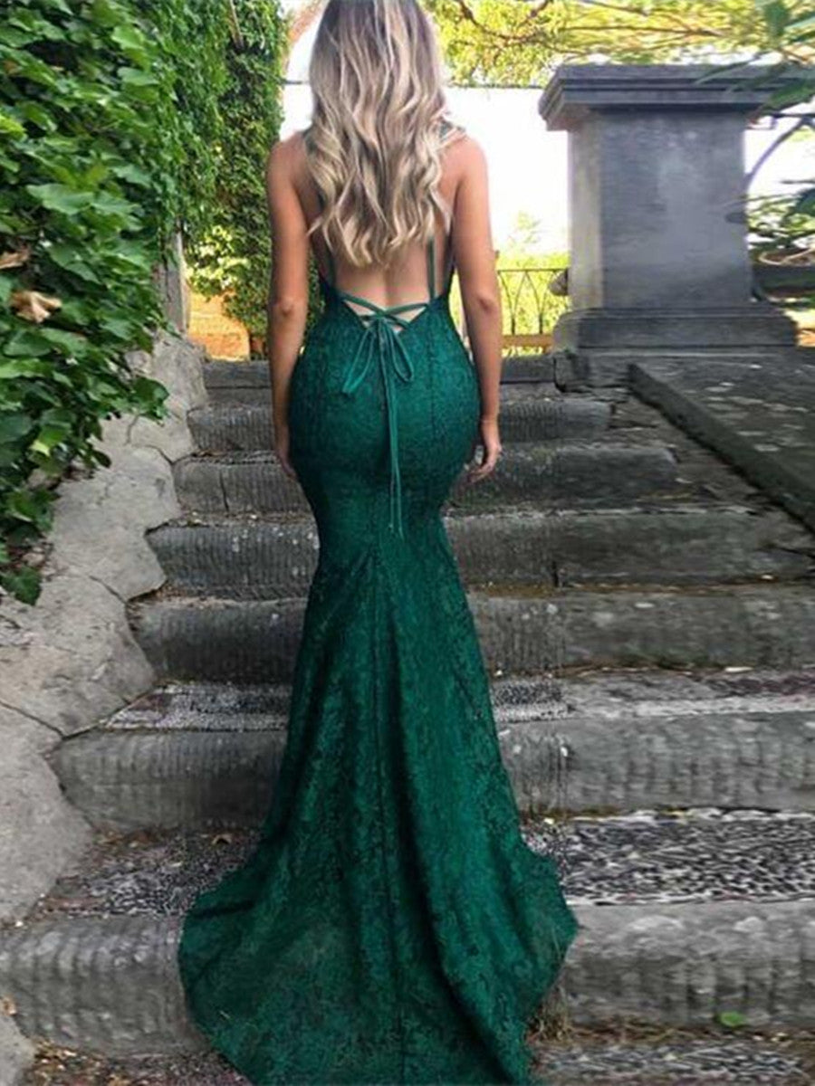 Sexy Spaghetti Straps Trumpet/Mermaid Backless Dark Green Lace Prom Dress/ Formal Dress/ Bridesmaid Dress