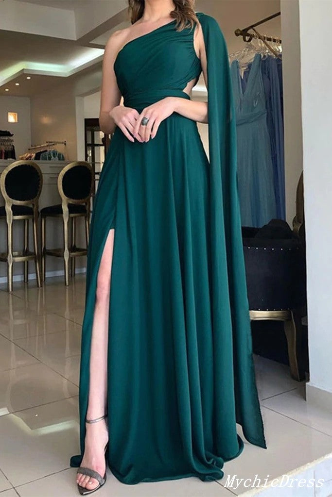 2024 Long Green One Shoulder Prom Dresses Chiffon Simple Evening Dress