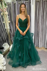 A Line Purple Tiered Prom Dresses Sequin V Neck Spaghetti Straps Tulle Evening Dress UK
