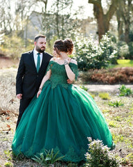 Lace Green Ball Gown Wedding Dresses Off Shoulder Tulle Sweet 16 Dress