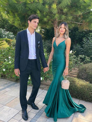 Cheap Simple Green Prom Dresses Mermaid Long Satin Evening Dresses