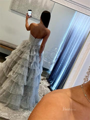 Grey Beaded Tulle Prom Dresses with Sweetheart Neck & Tiered Bottom - FD3746