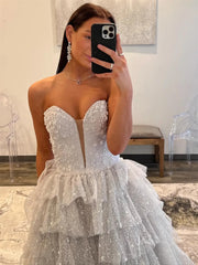 Grey Beaded Tulle Prom Dresses with Sweetheart Neck & Tiered Bottom - FD3746