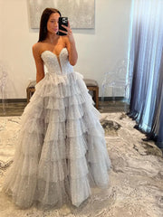 Grey Beaded Tulle Prom Dresses with Sweetheart Neck & Tiered Bottom - FD3746