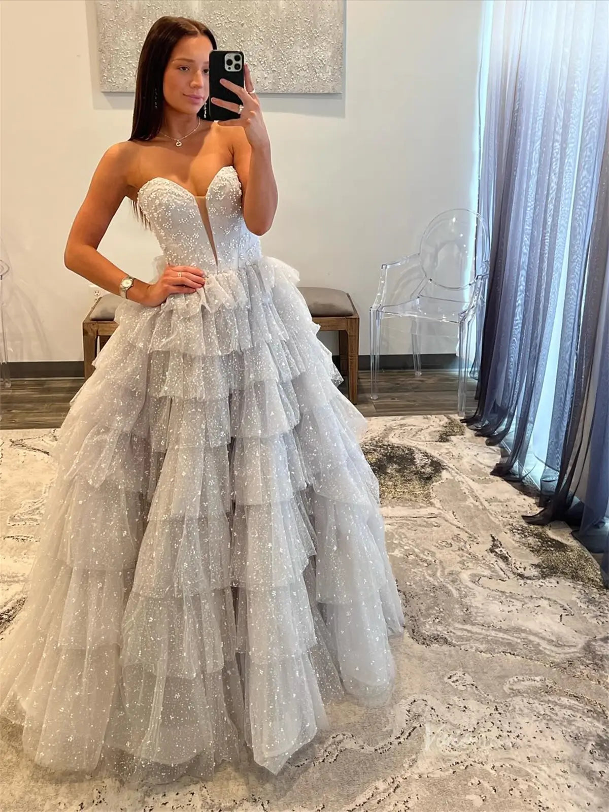 Grey Beaded Tulle Prom Dresses with Sweetheart Neck & Tiered Bottom - FD3746