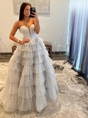 Grey Beaded Tulle Prom Dresses with Sweetheart Neck & Tiered Bottom - FD3746