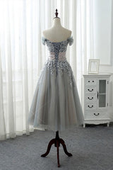 Grey Tea Length Formal Dress with Lace, Grey Bridesmaid Dress