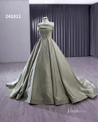Greyish Green Beaded Lace Wedding Dresses Strapless Quinceanera Dress 241011