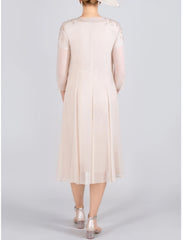 Two Piece Mother of the Bride Dress Wedding Guest Elegant Petite V Neck Knee Length Chiffon 3/4 Length Sleeve with Beading Appliques