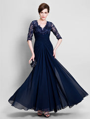 Aimishang A-Line Mother of the Bride Dress See Through V Neck Floor Length Chiffon Lace Half Sleeve No with Lace Beading