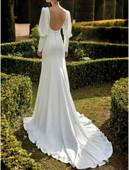 Hall Open Back Royal Style Fall Formal Wedding Dresses Sheath / Column V Neck Long Sleeve Court Train Stretch Fabric Bridal Gowns With Split