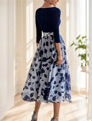 A-Line Mother of the Bride Dress Formal Wedding Guest Elegant Scoop Neck V Neck Ankle Length Chiffon Sequined Stretch Fabric 3/4 Length Sleeve