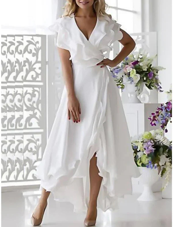 A-Line Simple Wedding Dress Little White Dress Elegant High Low V Neck Plus Size Asymmetrical Chiffon Short Sleeve with Ruffles Split