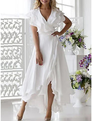 A-Line Simple Wedding Dress Little White Dress Elegant High Low V Neck Plus Size Asymmetrical Chiffon Short Sleeve with Ruffles Split