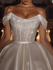 Engagement Formal Glitter & Sparkle Wedding Dresses Ball Gown Off Shoulder Cap Sleeve Chapel Train Satin Bridal Gowns
