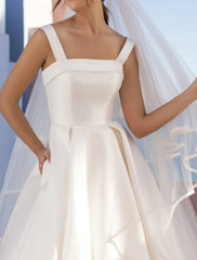 Hall Casual Wedding Dresses A-Line Square Neck Regular Straps Sweep / Brush Train Satin Bridal Gowns