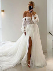 A-shaped Sweetheart Long sleeved Church Trailing Tulle Tight Corset Wedding Dress Off Shoulder With Slit