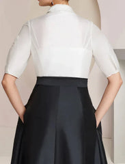 A-Line Mother of the Bride Dress Formal Wedding Guest Party Elegant Shirt Collar Floor Length Taffeta Short Sleeve with Bow(s)