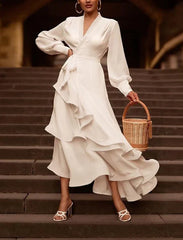 Reception Little White Dresses Wedding Dresses A-Line V Neck Long Sleeve Asymmetrical Chiffon Bridal Gowns With Cascading Ruffles