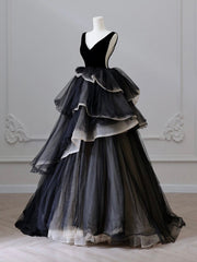 Black V Neck Tulle Long Prom Dress, Black Long Evening Dress