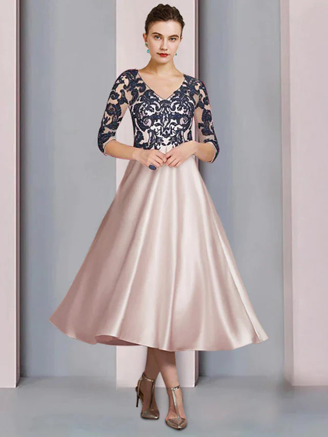 A-Line Mother of the Bride Dress Formal Church Party Elegant V Neck Tea Length Satin Lace 3/4 Length Sleeve with Appliques