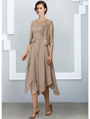 Aimishang A-Line Mother of the Bride Dress Elegant Jewel Neck Tea Length Chiffon Lace Half Sleeve with Pleats