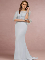 Plus Size Curve Mother of the Bride Dress Wedding Guest Vintage Elegant Scoop Neck Sweep / Brush Train Chiffon Lace Half Sleeve with Sequin