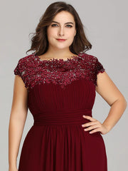 A-Line Mother of the Bride Dress Plus Size Jewel Neck Floor Length Chiffon Short Sleeve with Lace