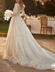 Wholesale Engagement Sparkle & Shine Formal Wedding Dresses Ball Gown Scoop Neck Long Sleeve Chapel Train Sequined Bridal Gowns With Solid Color
