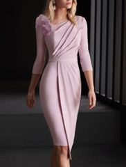 Sheath / Column Mother of the Bride Dress Wedding Guest Elegant Bateau Neck Knee Length Stretch Satin 3/4 Length Sleeve with Ruching Flower