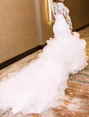 Wholesale Engagement Plus Size Curve Formal Wedding Dresses Mermaid / Trumpet Off Shoulder Long Sleeve Cathedral Train Lace Bridal Gowns With Appliques Solid Color