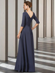 Sheath / Column Mother of the Bride Dress Elegant V Neck Floor Length Stretch Chiffon Half Sleeve with Bow(s) Pleats