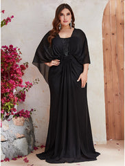 Mermaid / Trumpet Wedding Guest Dresses Plus Size Dress Formal Evening Party Dress Sweep / Brush Train Long Sleeve V Neck Polyester with Sequin Shawl
