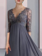 Aimishang A-Line Mother of the Bride Dress Formal Wedding Guest Vintage Elegant V Neck Tea Length Chiffon Lace Half Sleeve with Beading Sequin Appliques