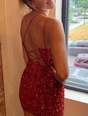 Sheath / Column Homecoming Dresses Sparkle & Shine Dress Graduation Cocktail Party Short / Mini Sleeveless Sweetheart Cotton Backless with Glitter Criss Cross Sequin